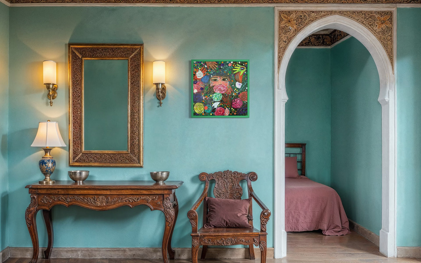 Hidden in Flowers – Surreal Jungle Dreamscape Acrylic Painting by Jackie Harris (20"x20")