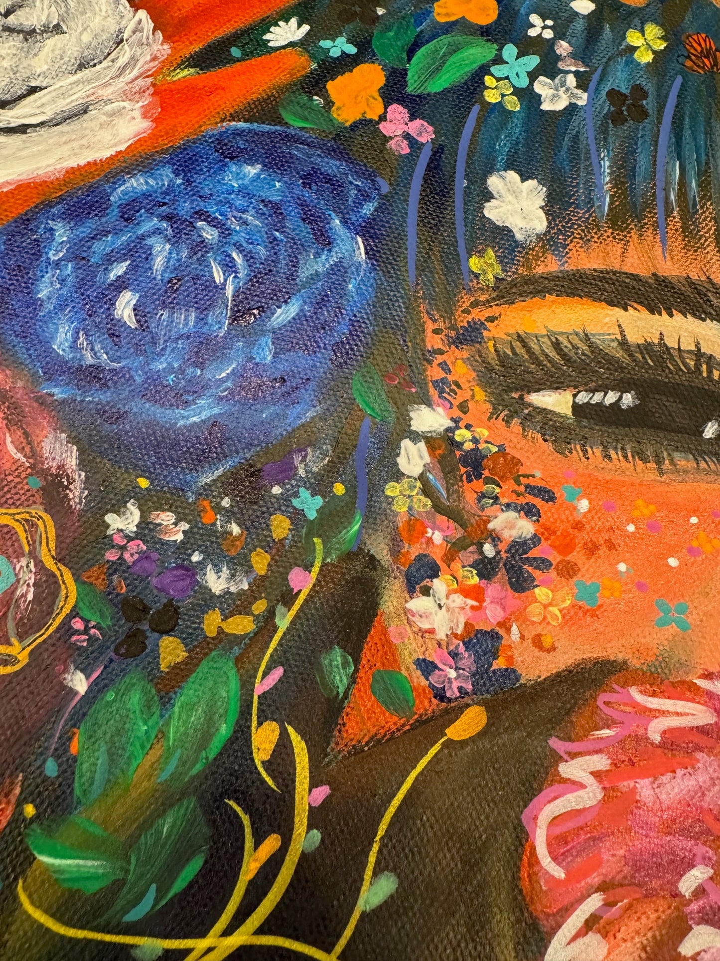 Hidden in Flowers – Surreal Jungle Dreamscape Acrylic Painting by Jackie Harris (20"x20")