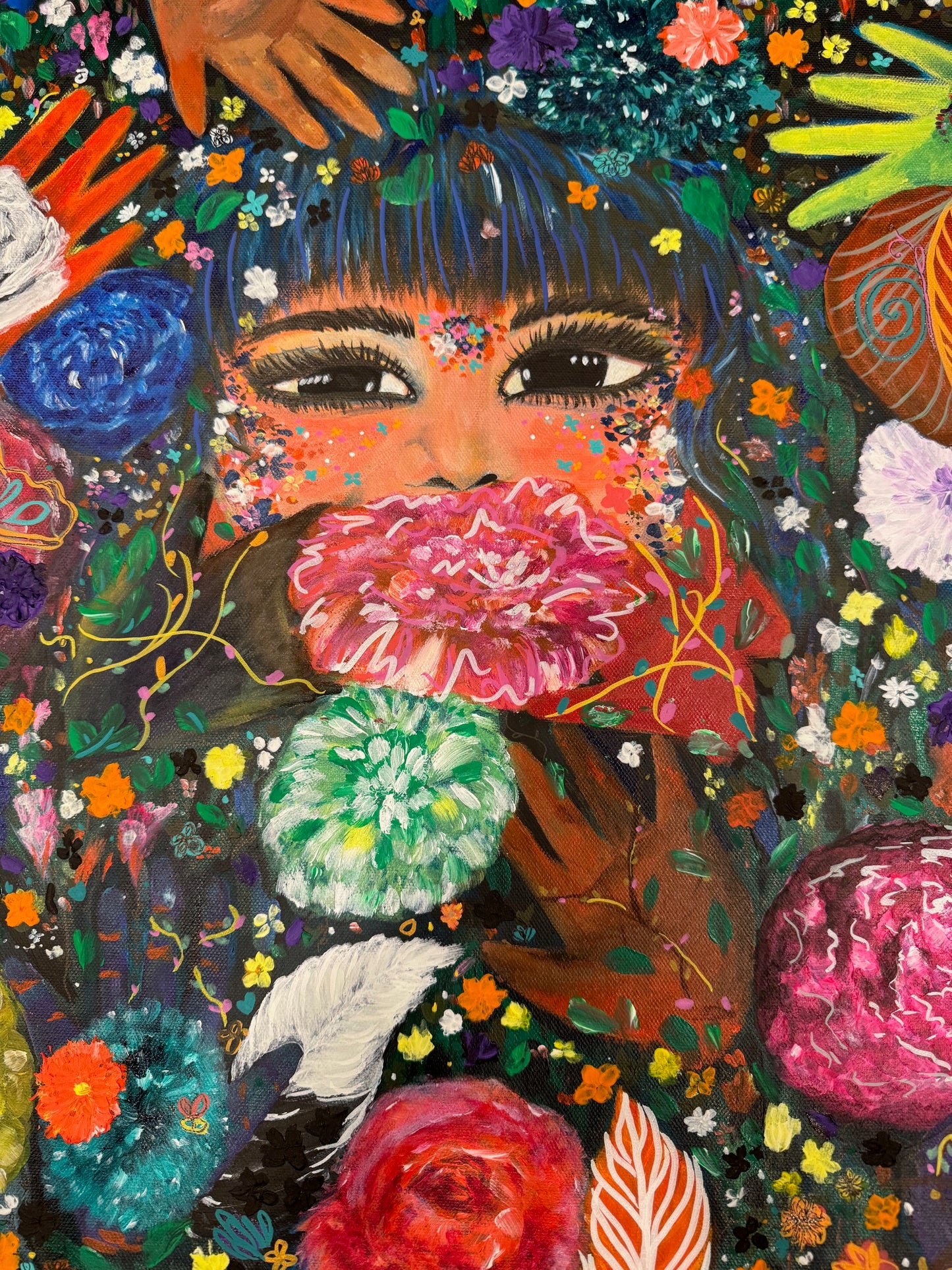 Hidden in Flowers – Surreal Jungle Dreamscape Acrylic Painting by Jackie Harris (20"x20")