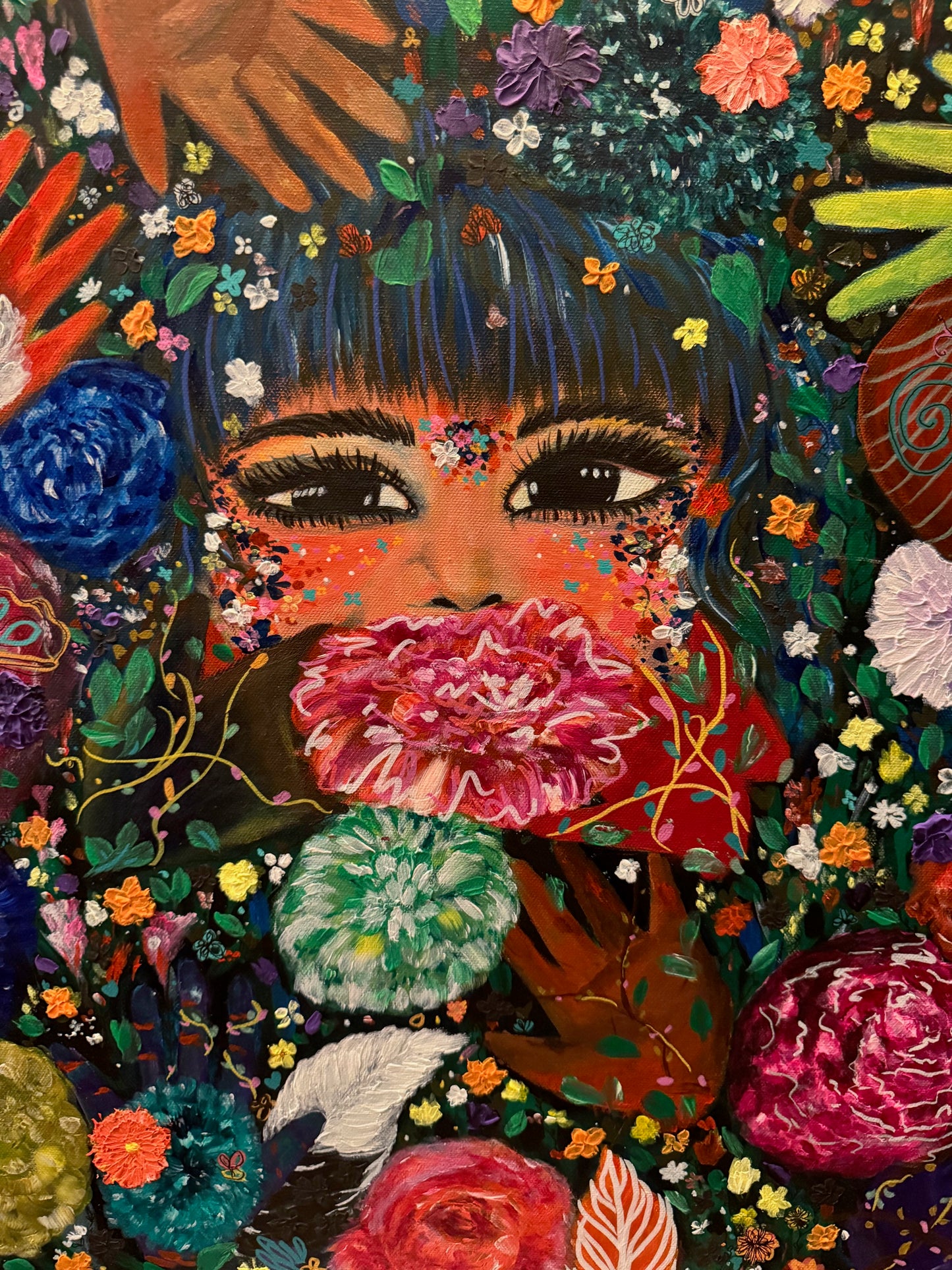 Hidden in Flowers – Surreal Jungle Dreamscape Acrylic Painting by Jackie Harris (20"x20")
