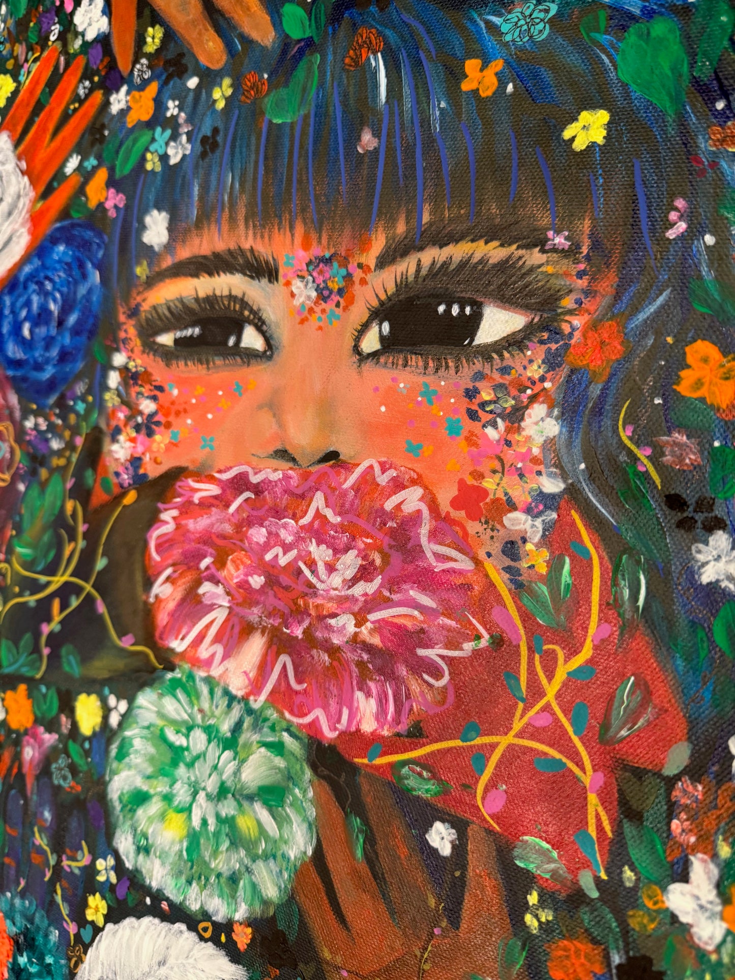 Hidden in Flowers – Surreal Jungle Dreamscape Acrylic Painting by Jackie Harris (20"x20")