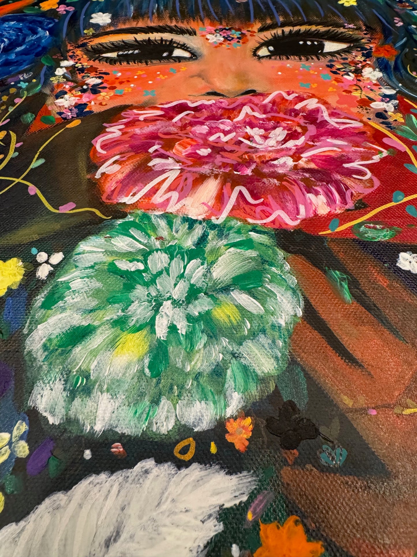 Hidden in Flowers – Surreal Jungle Dreamscape Acrylic Painting by Jackie Harris (20"x20")