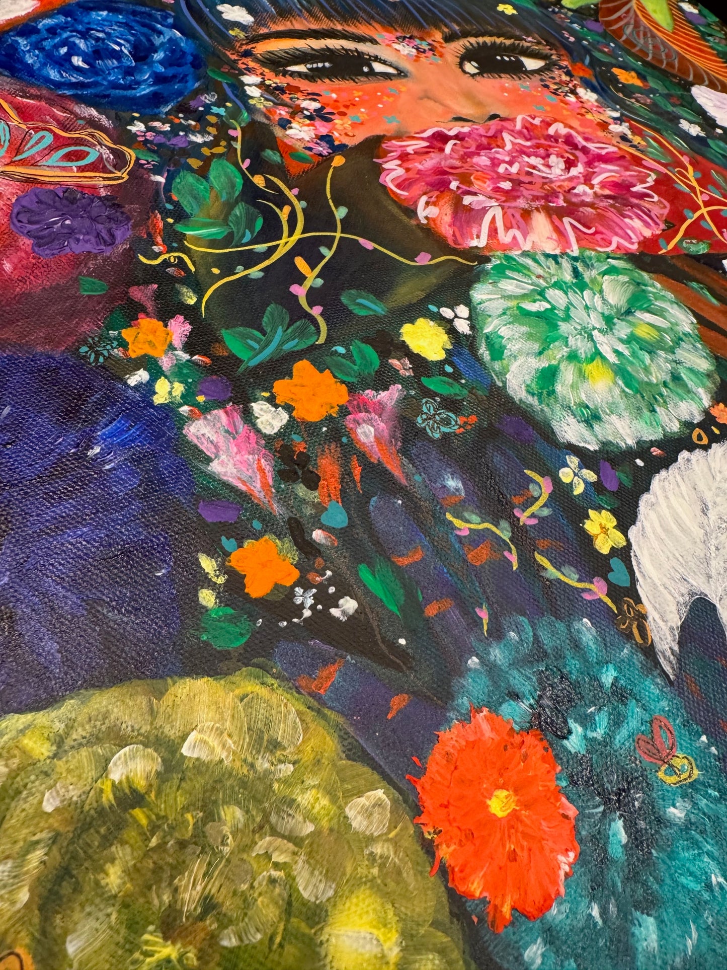Hidden in Flowers – Surreal Jungle Dreamscape Acrylic Painting by Jackie Harris (20"x20")