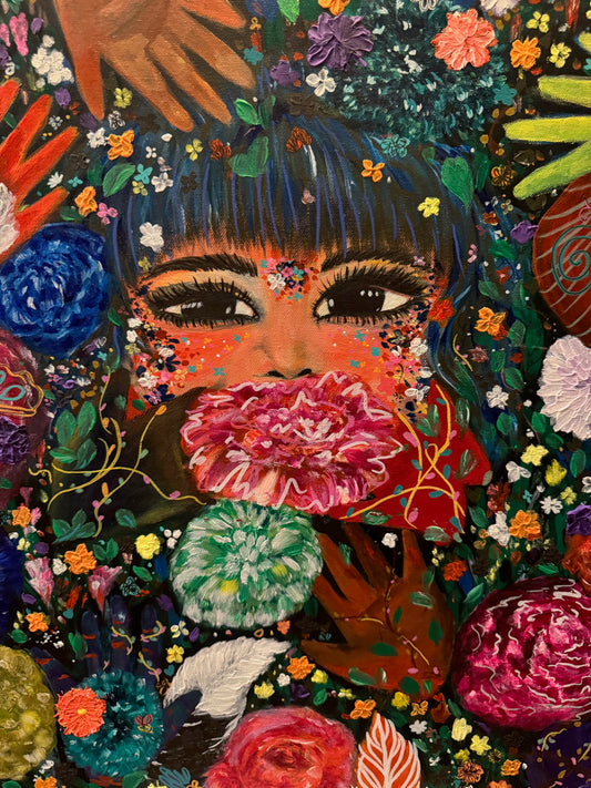 Hidden in Flowers – Surreal Jungle Dreamscape Acrylic Painting by Jackie Harris (20"x20")