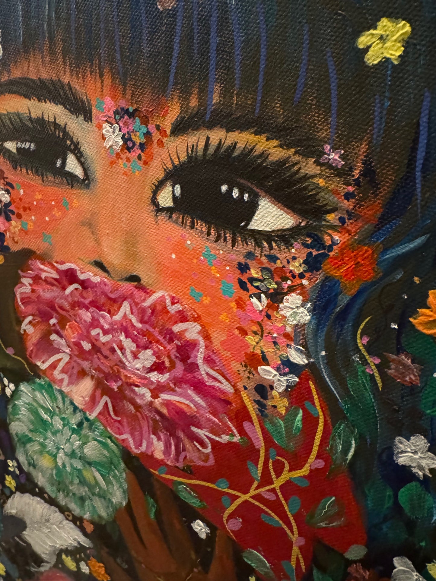 Hidden in Flowers – Surreal Jungle Dreamscape Acrylic Painting by Jackie Harris (20"x20")